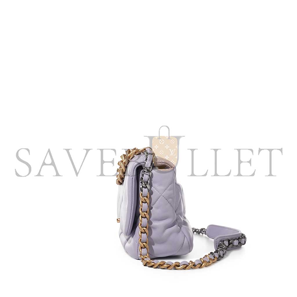 Ch*el purple quilted lambskin Ch*el 19 flap brushed gold and ruthenium hardware as1160 (26*16*9cm)